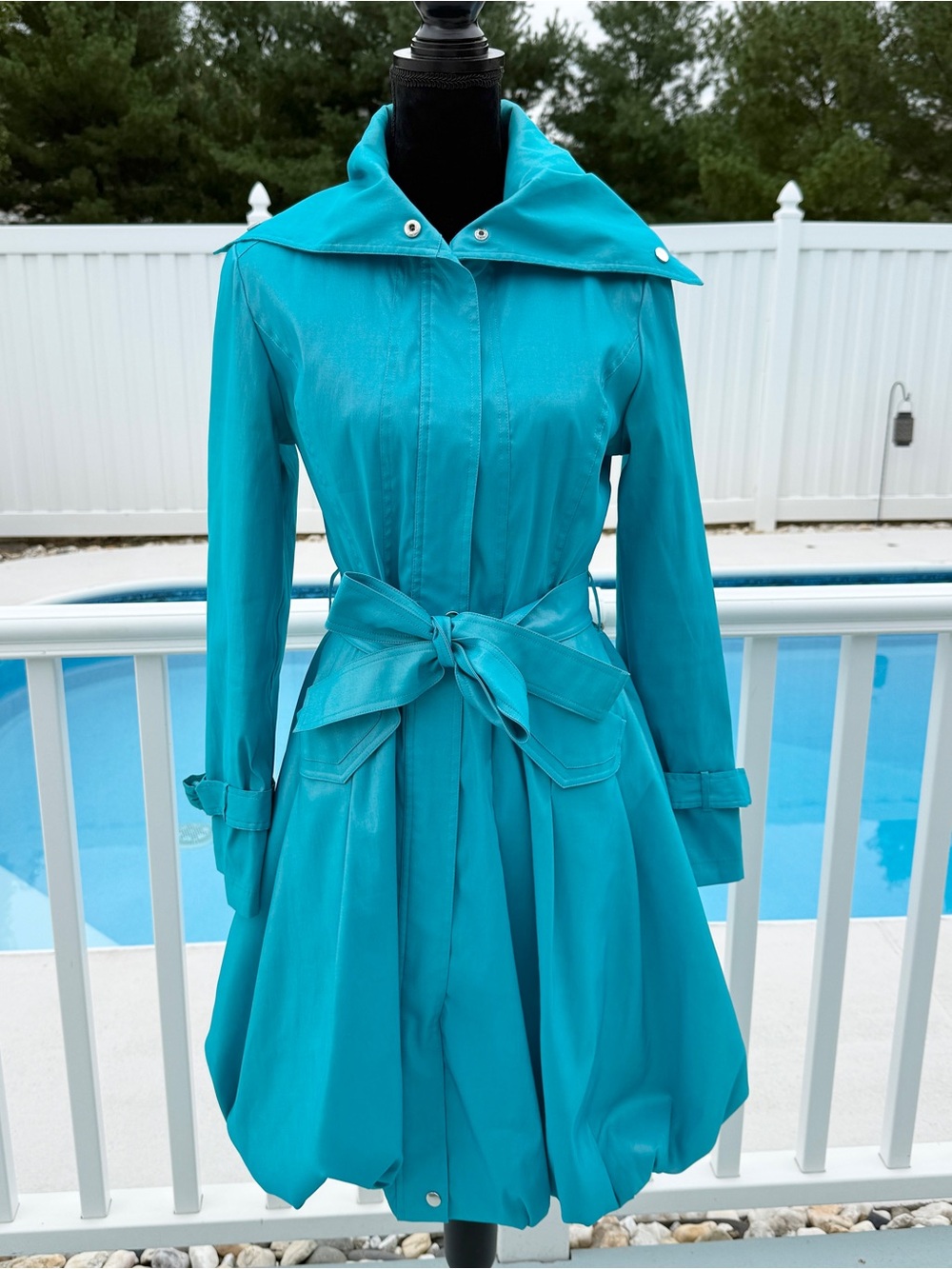 Samuel Dong Turquoise Teal Classic Bubble Trench Coat Dress Medium